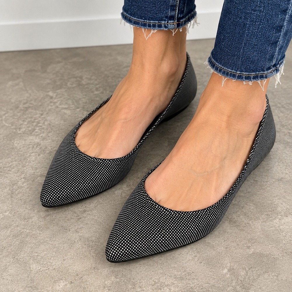 Vintage Sesto Meucci Black Silver Metallic Micro Dot Pointed Toe Flats Size 7.5N